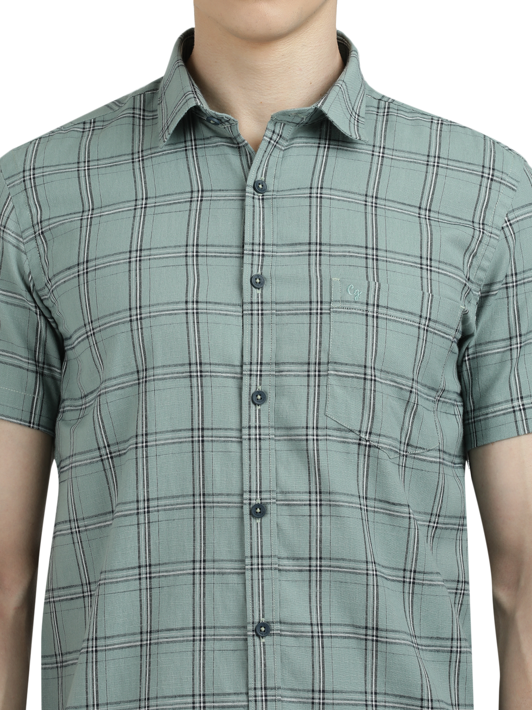Model wearing Clarke Gable's Light Green Checked Semi Casual Shirt in a casual setting
