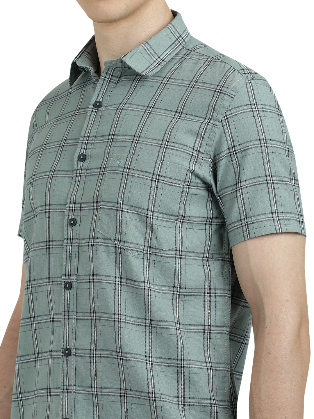 Model wearing Clarke Gable's Light Green Checked Semi Casual Shirt in a casual setting