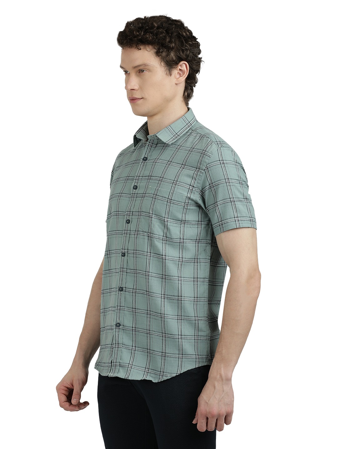 Model wearing Clarke Gable's Light Green Checked Semi Casual Shirt in a casual setting