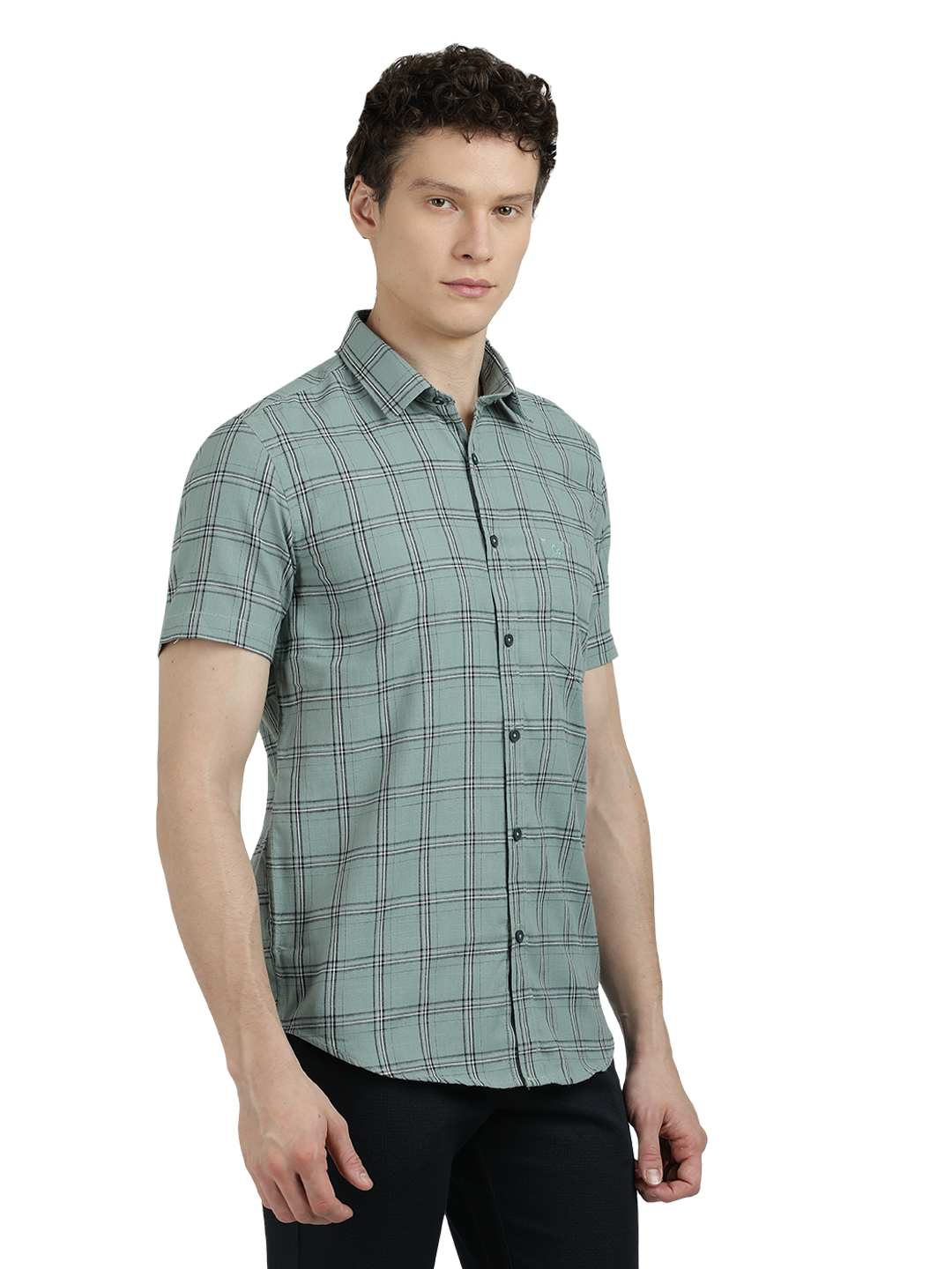 Model wearing Clarke Gable's Light Green Checked Semi Casual Shirt in a casual setting