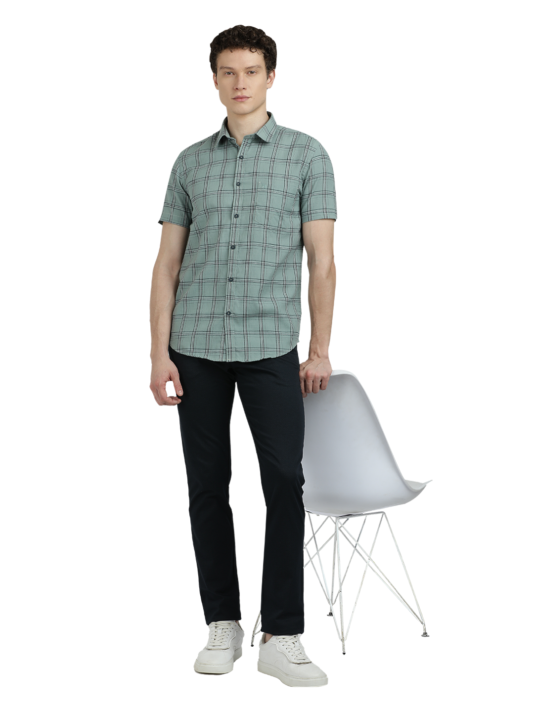 Model wearing Clarke Gable's Light Green Checked Semi Casual Shirt in a casual setting