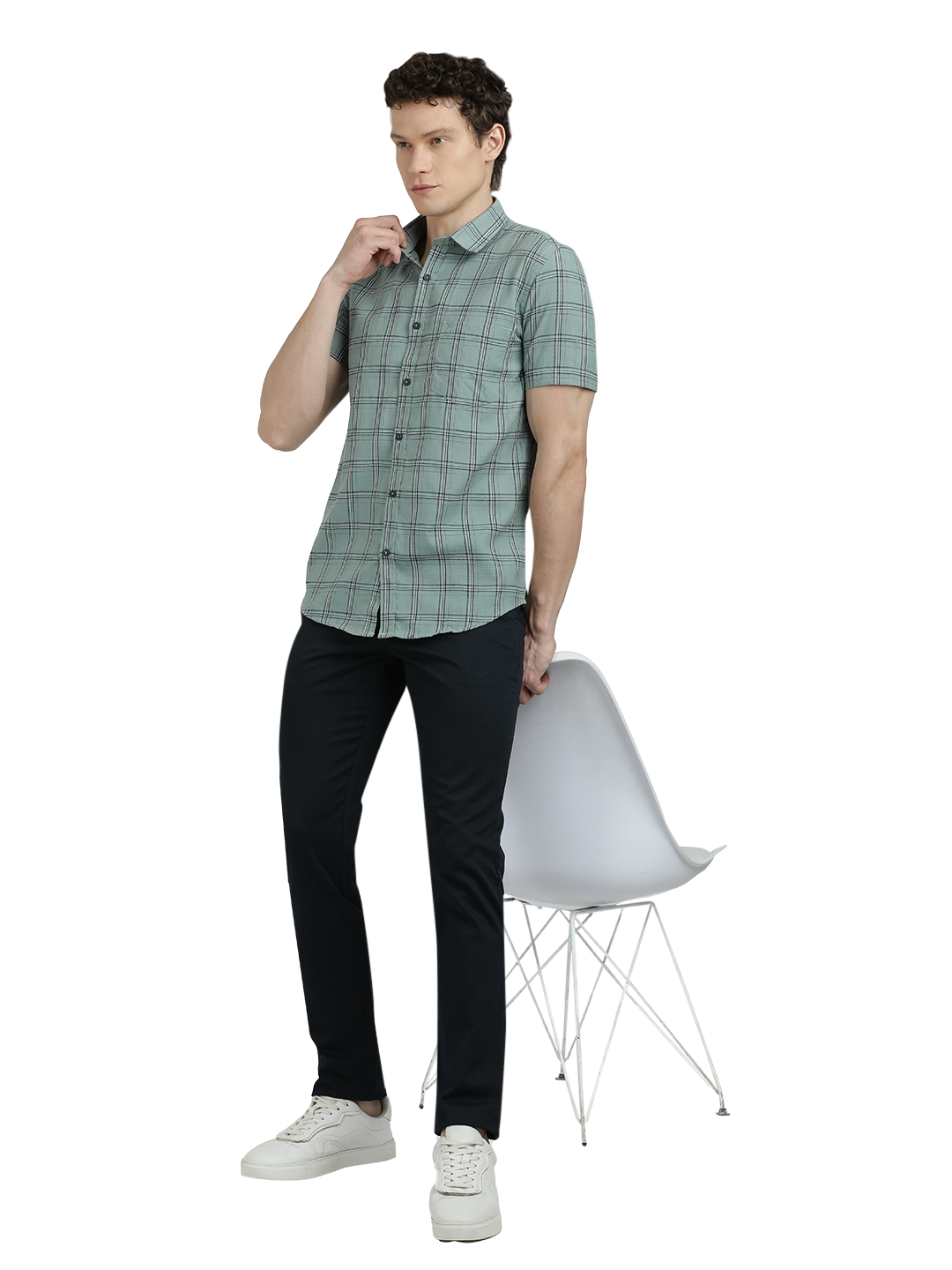 Model wearing Clarke Gable's Light Green Checked Semi Casual Shirt in a casual setting