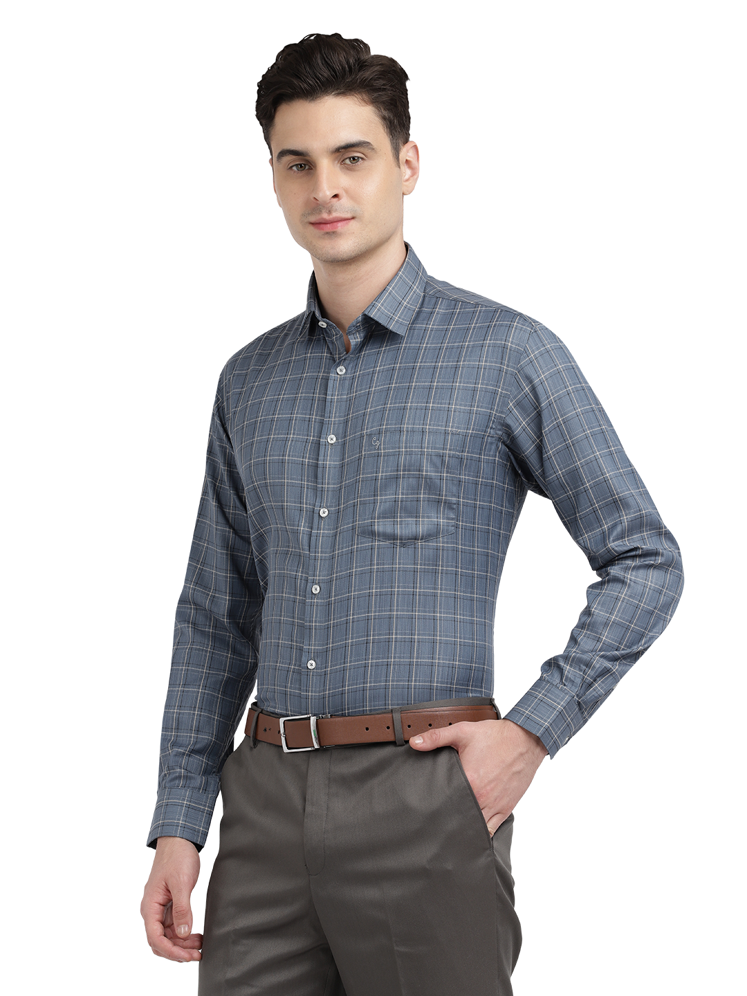 Model wearing Clarke Gable's Light Grey Checked Formal Shirt in a casual setting