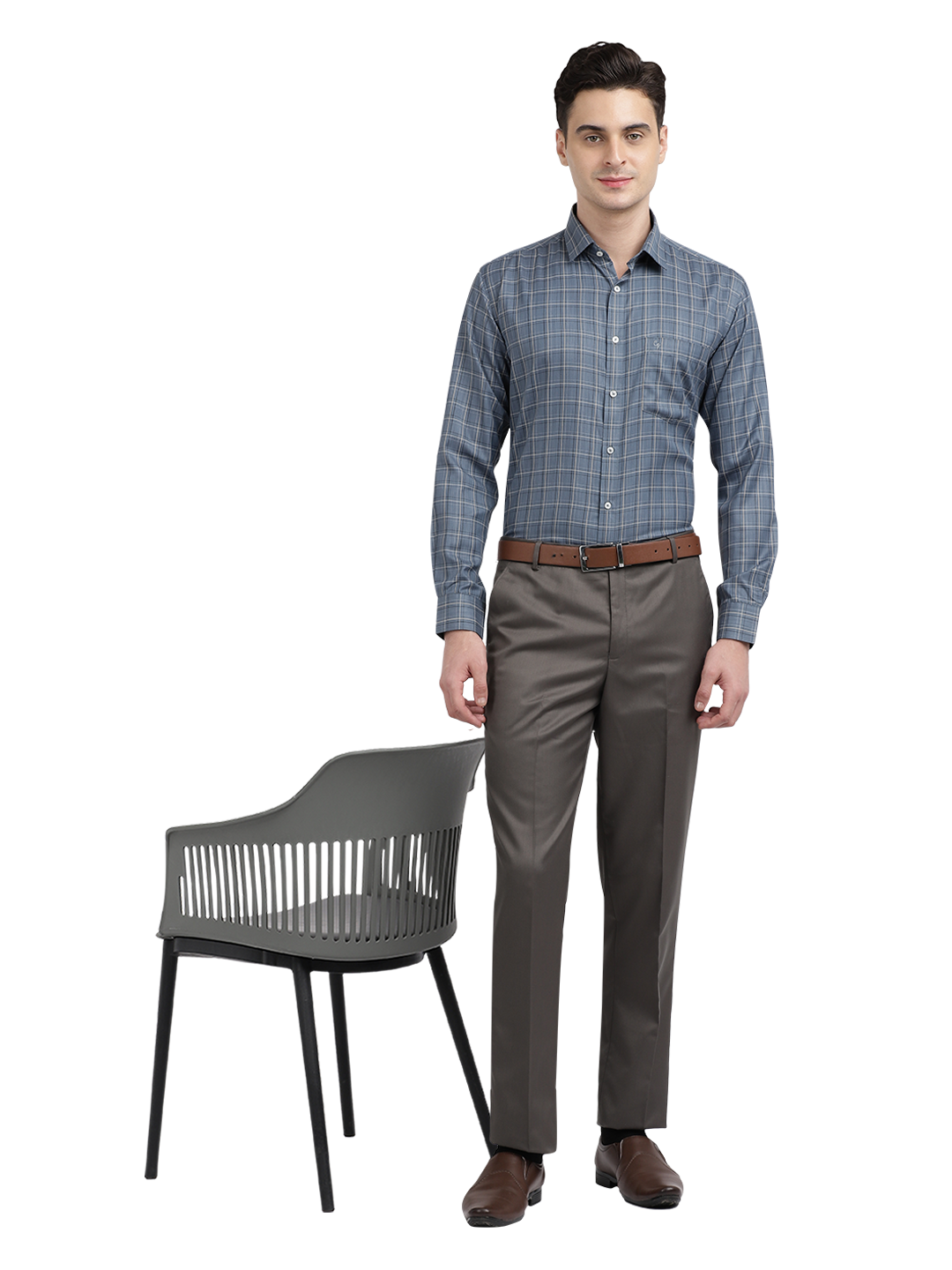 Model wearing Clarke Gable's Light Grey Checked Formal Shirt in a casual setting