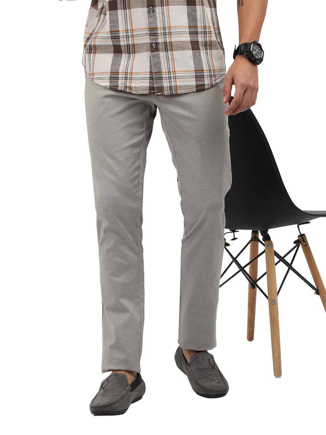 Model wearing Clarke Gable's Light Grey Custom Fit Trousers in a casual setting