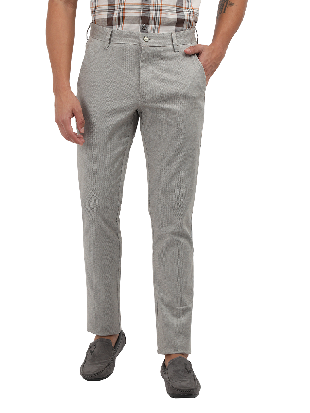 Model wearing Clarke Gable's Light Grey Custom Fit Trousers in a casual setting