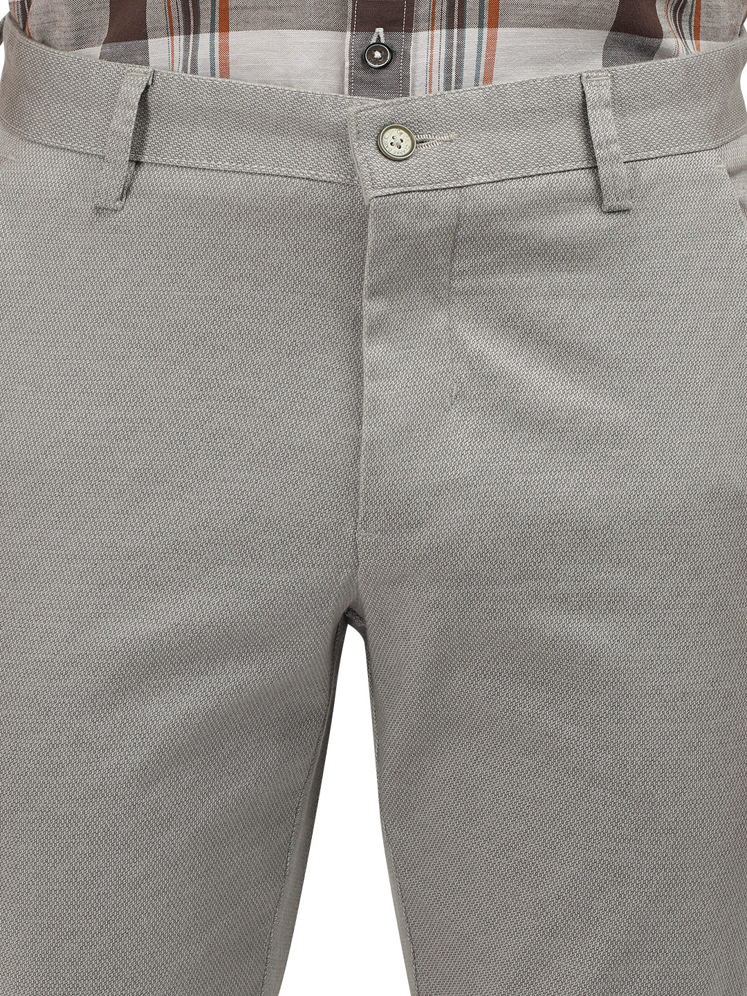 Model wearing Clarke Gable's Light Grey Custom Fit Trousers in a casual setting