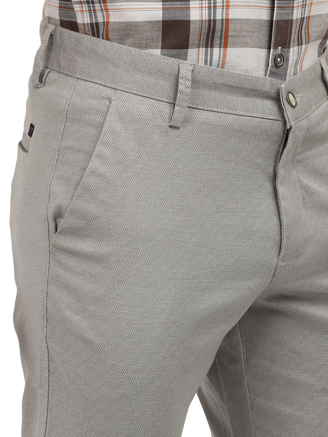 Model wearing Clarke Gable's Light Grey Custom Fit Trousers in a casual setting