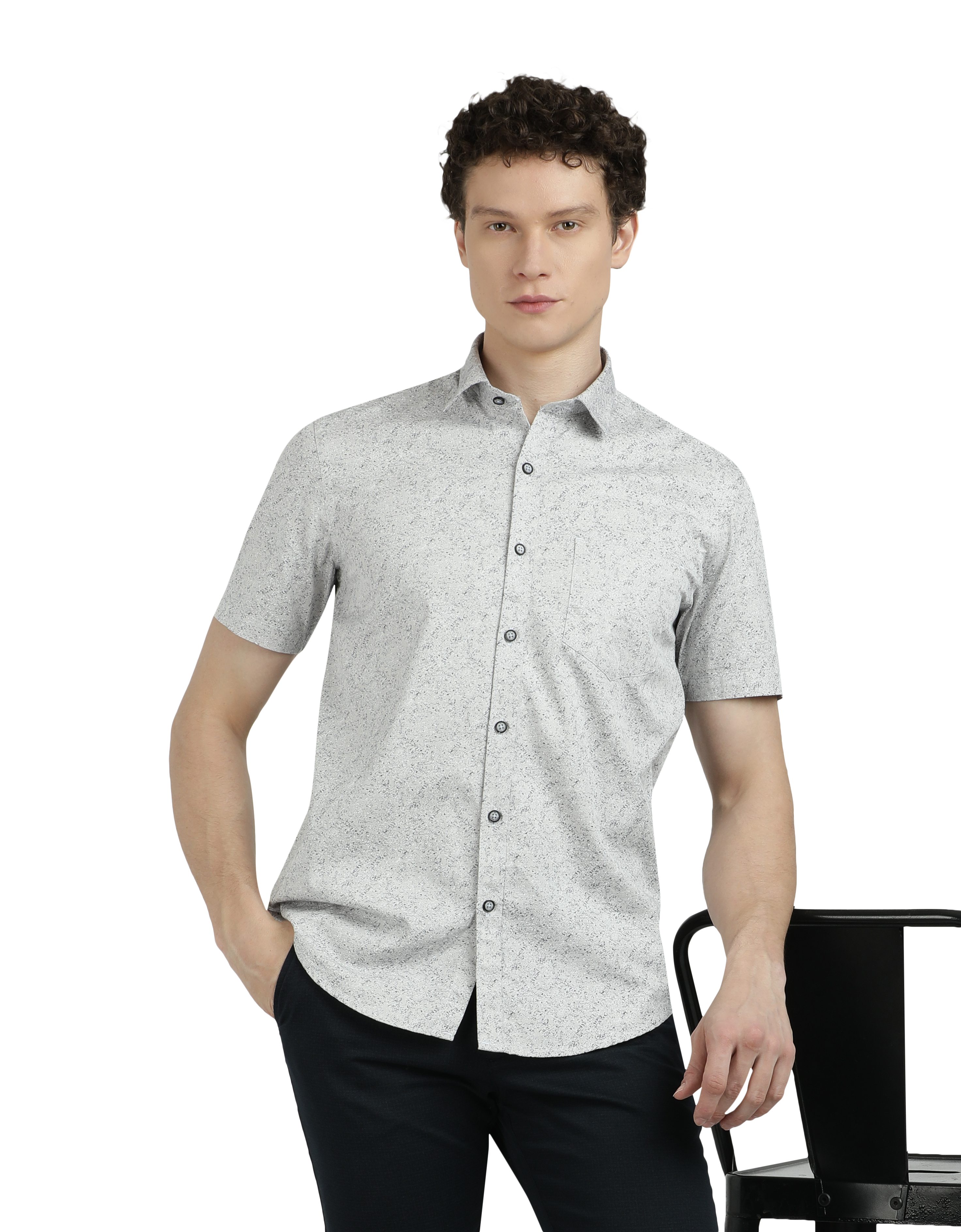 Model wearing Clarke Gable's Light Grey Printed Semi Casual Shirt in a casual setting
