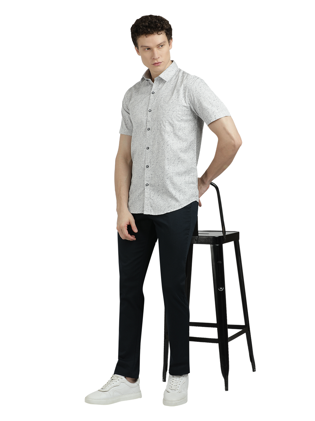 Model wearing Clarke Gable's Light Grey Printed Semi Casual Shirt in a casual setting