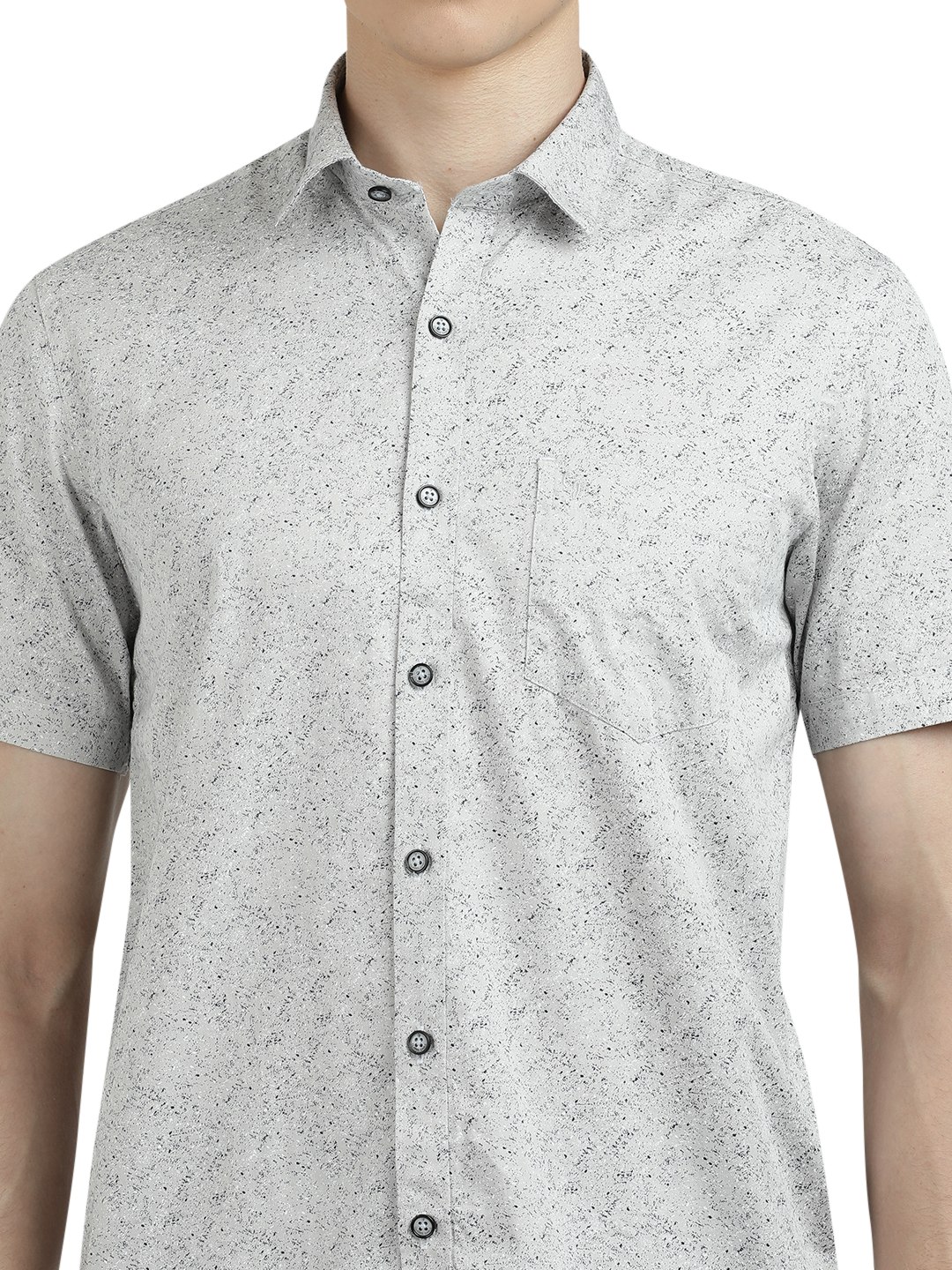 Model wearing Clarke Gable's Light Grey Printed Semi Casual Shirt in a casual setting