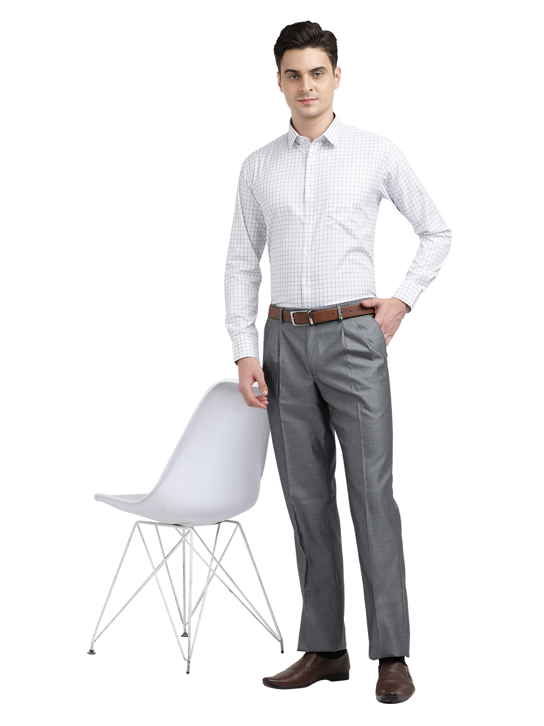 Model wearing Clarke Gable's Light Grey Relax Fit Trousers in a casual setting