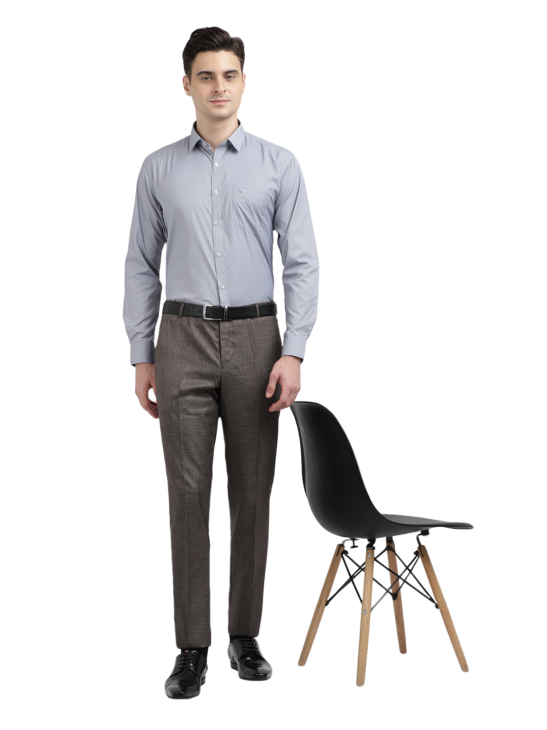 Model wearing Clarke Gable's Light Grey Sharp Fit Trousers in a casual setting