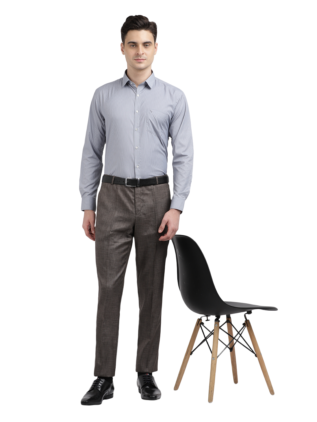 Model wearing Clarke Gable's Light Grey Sharp Fit Trousers in a casual setting