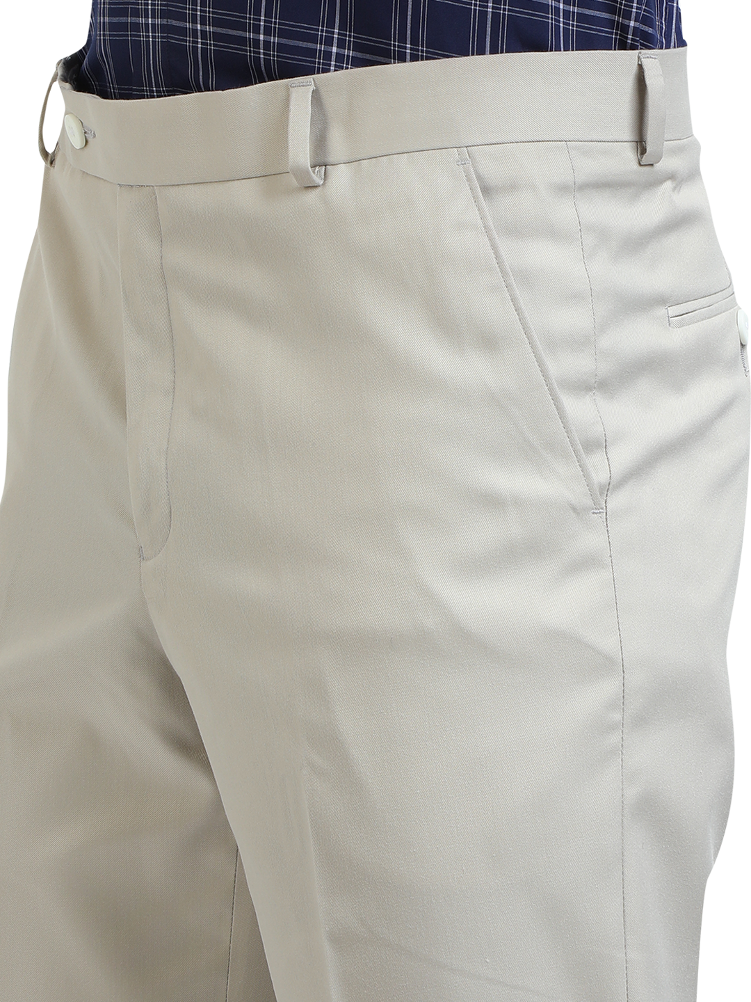 Model wearing Clarke Gable's Light Grey Smart Fit Trousers in a casual setting