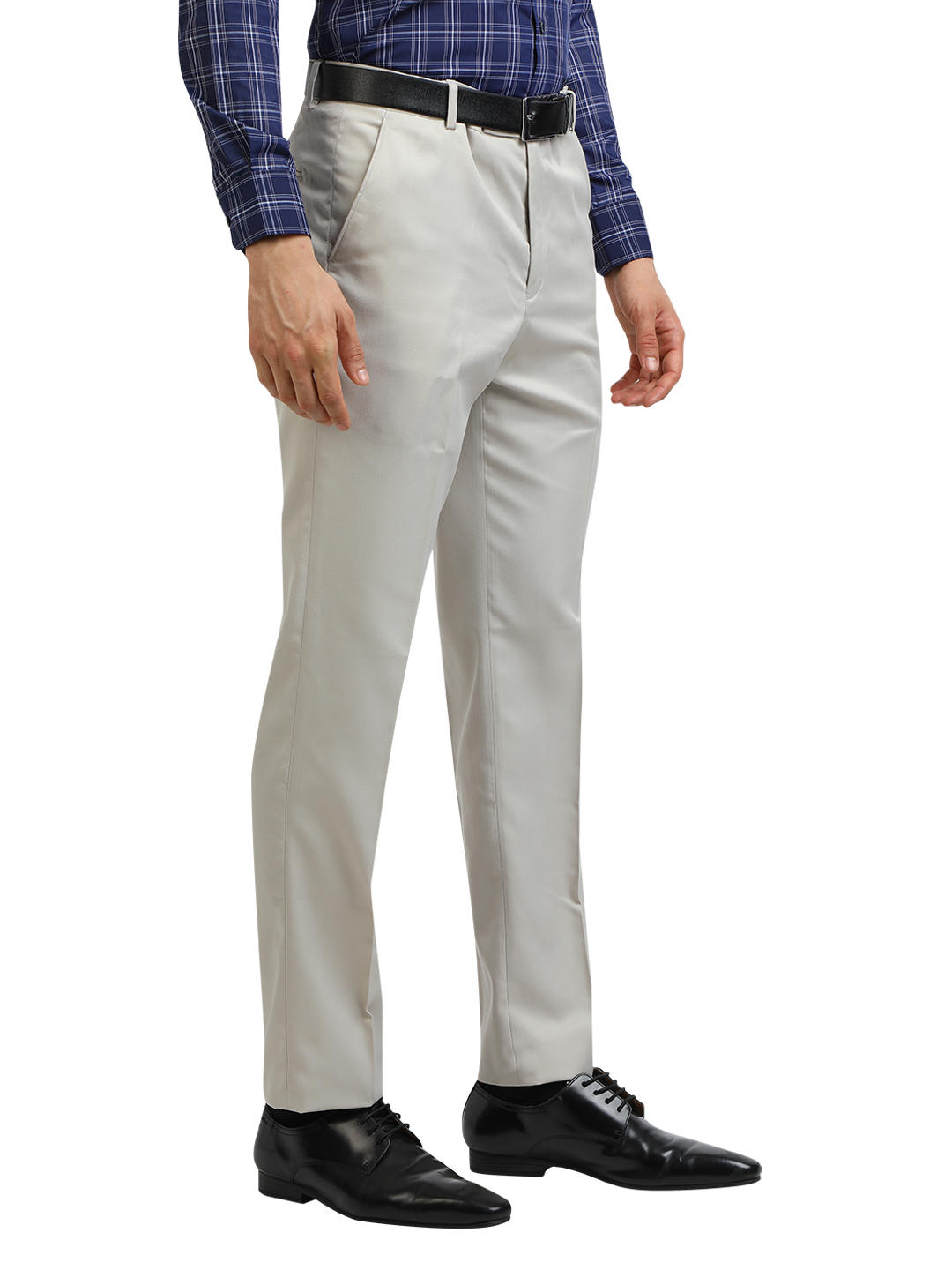 Model wearing Clarke Gable's Light Grey Smart Fit Trousers in a casual setting