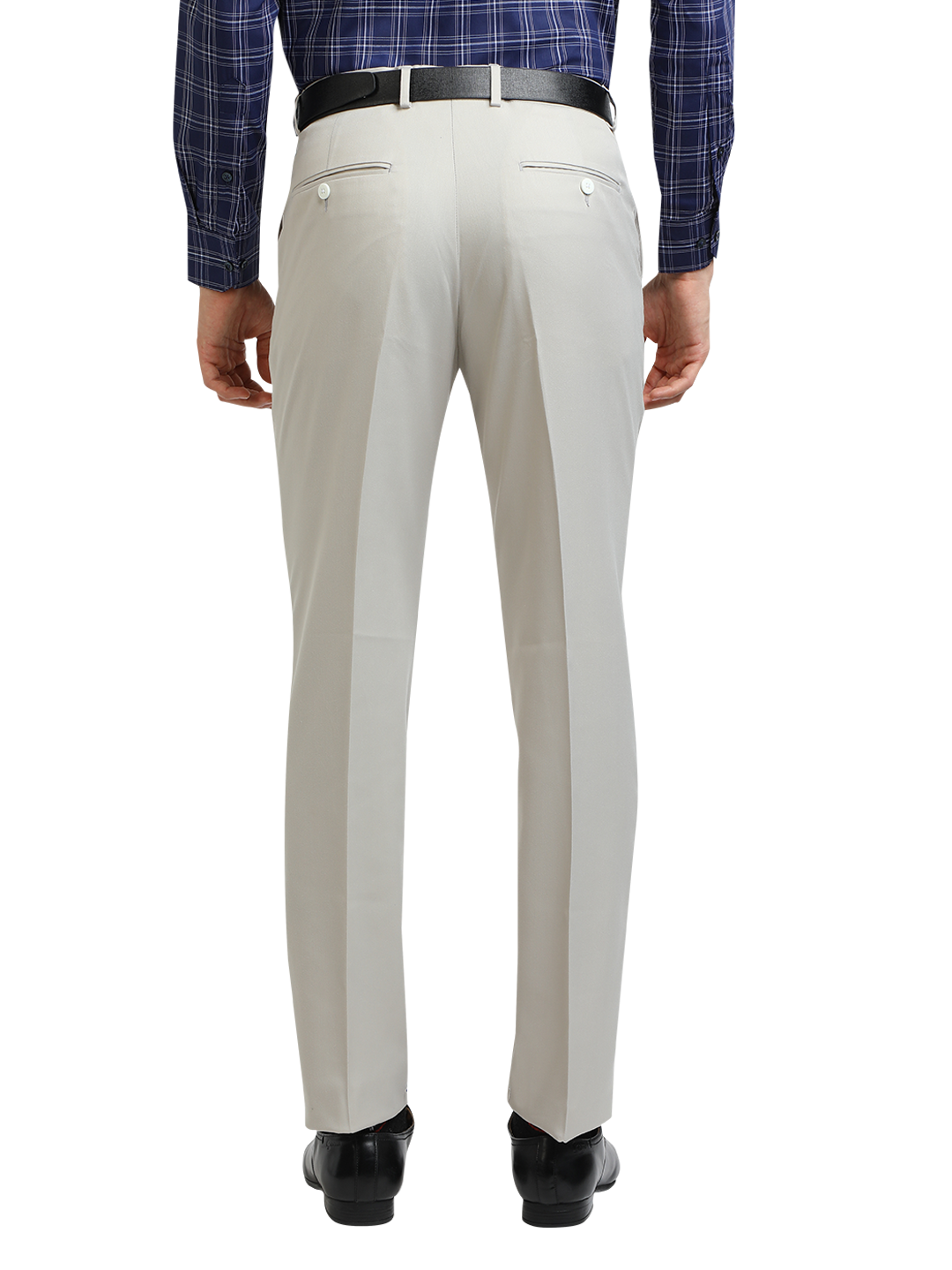 Model wearing Clarke Gable's Light Grey Smart Fit Trousers in a casual setting