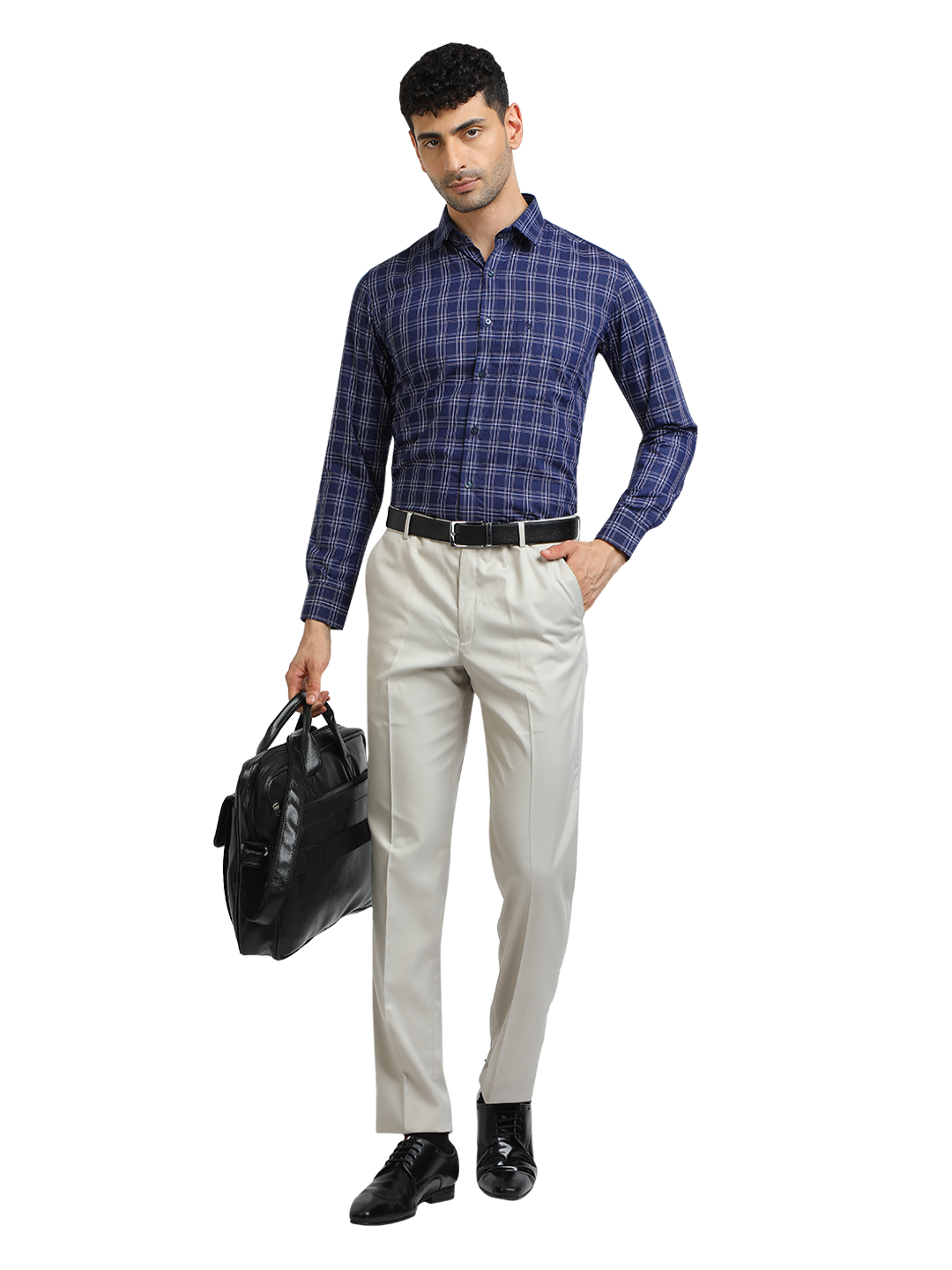 Model wearing Clarke Gable's Light Grey Smart Fit Trousers in a casual setting