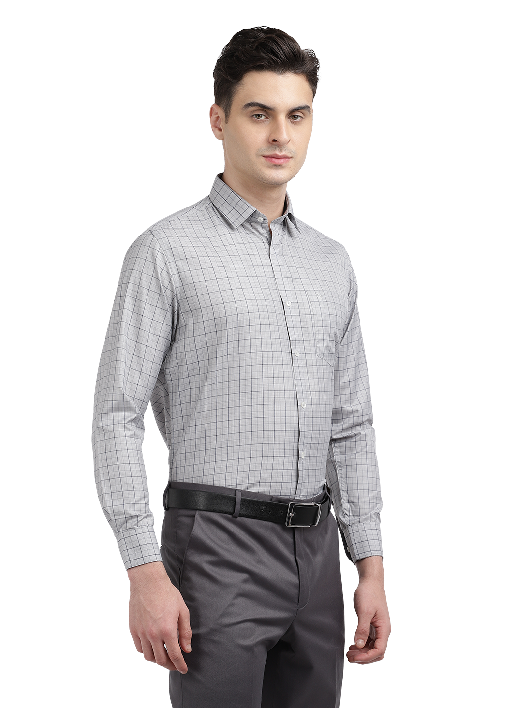 Model wearing Clarke Gable's Light Grey With Black Checked Formal Shirt in a casual setting