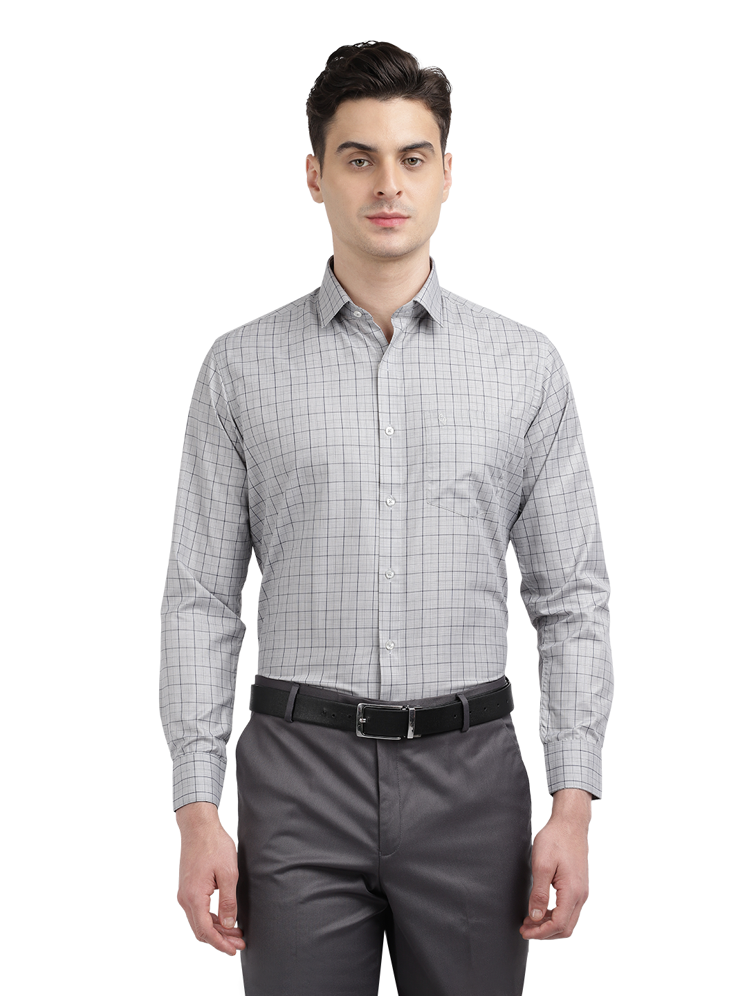 Model wearing Clarke Gable's Light Grey With Black Checked Formal Shirt in a casual setting