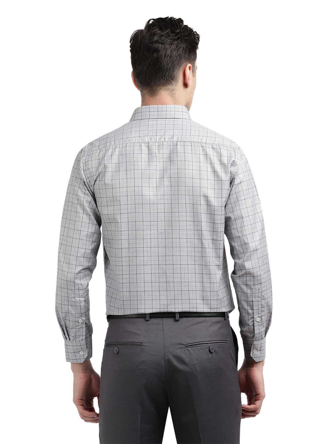 Model wearing Clarke Gable's Light Grey With Black Checked Formal Shirt in a casual setting