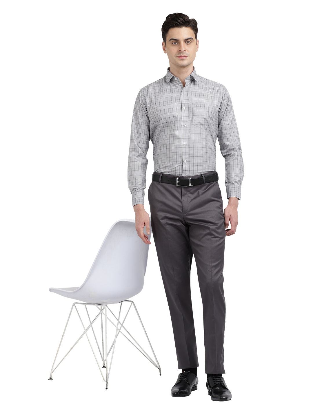 Model wearing Clarke Gable's Light Grey With Black Checked Formal Shirt in a casual setting