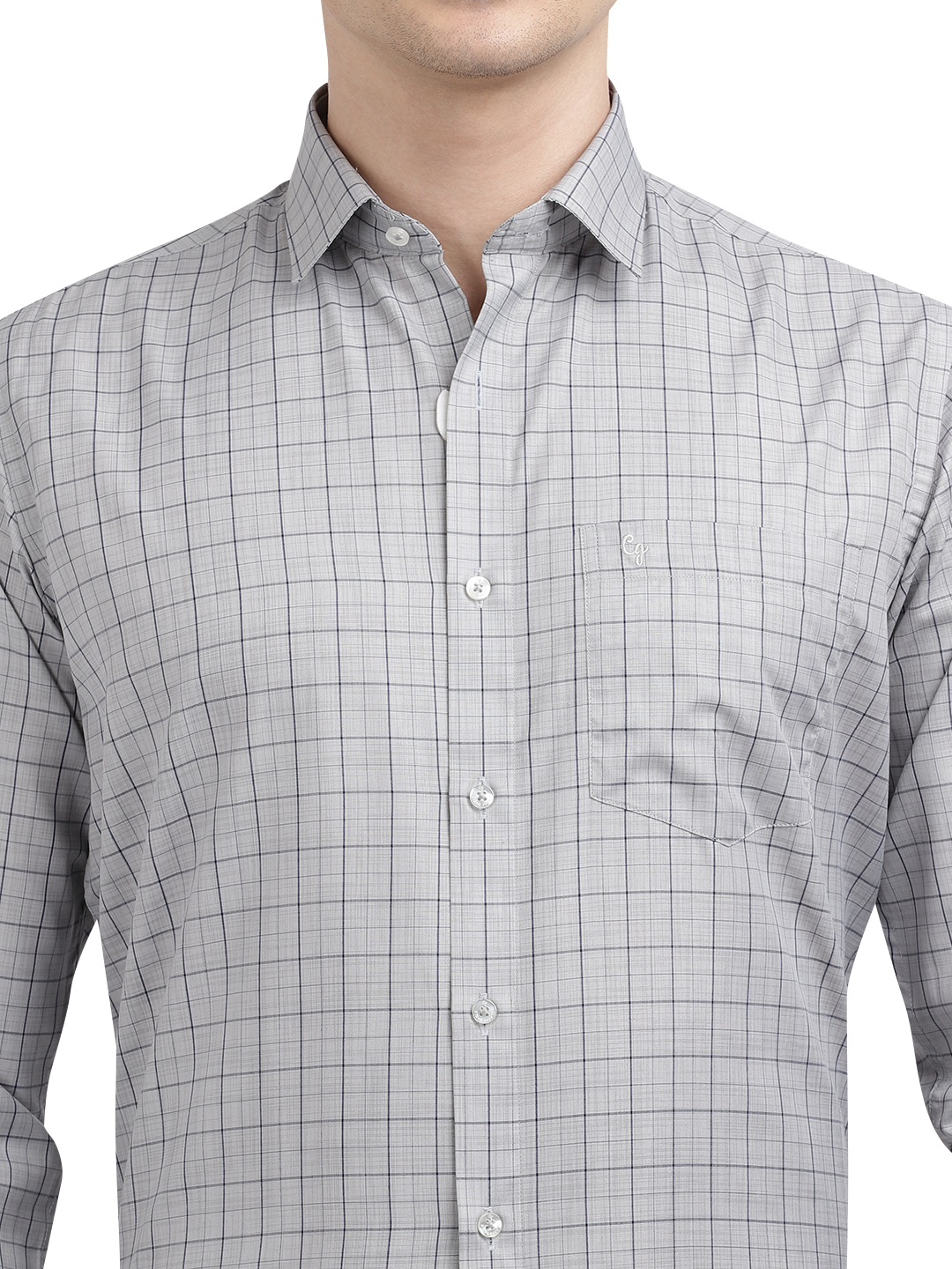 Model wearing Clarke Gable's Light Grey With Black Checked Formal Shirt in a casual setting
