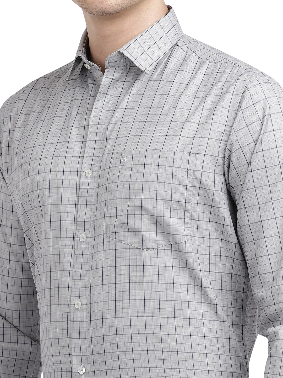 Model wearing Clarke Gable's Light Grey With Black Checked Formal Shirt in a casual setting