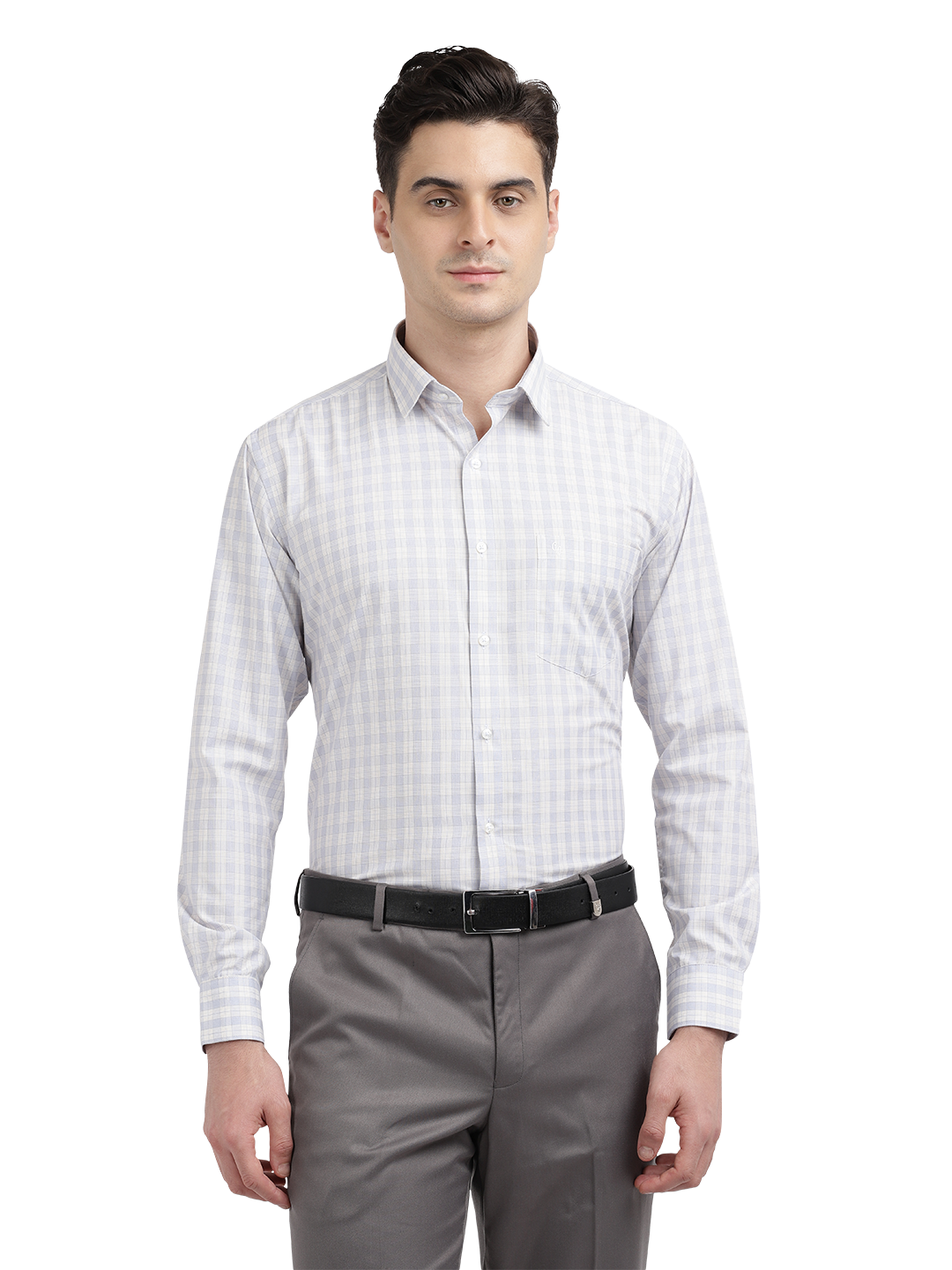 Model wearing Clarke Gable's Light Grey With White Checked Formal Shirt in a casual setting