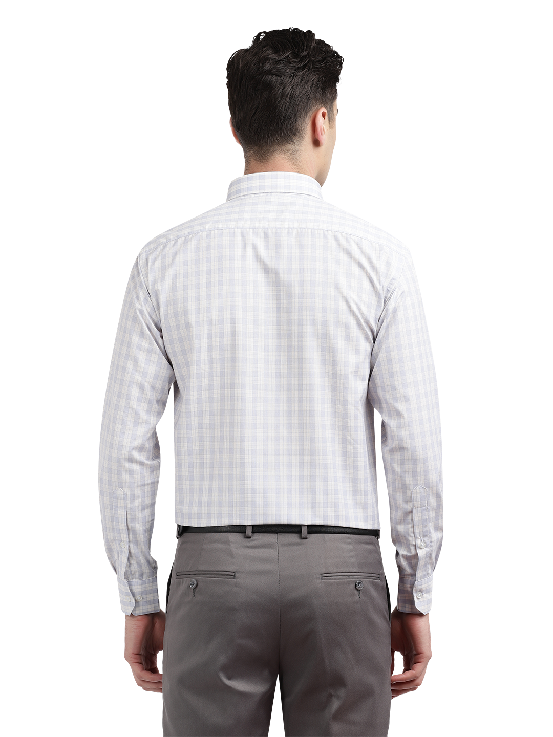 Model wearing Clarke Gable's Light Grey With White Checked Formal Shirt in a casual setting