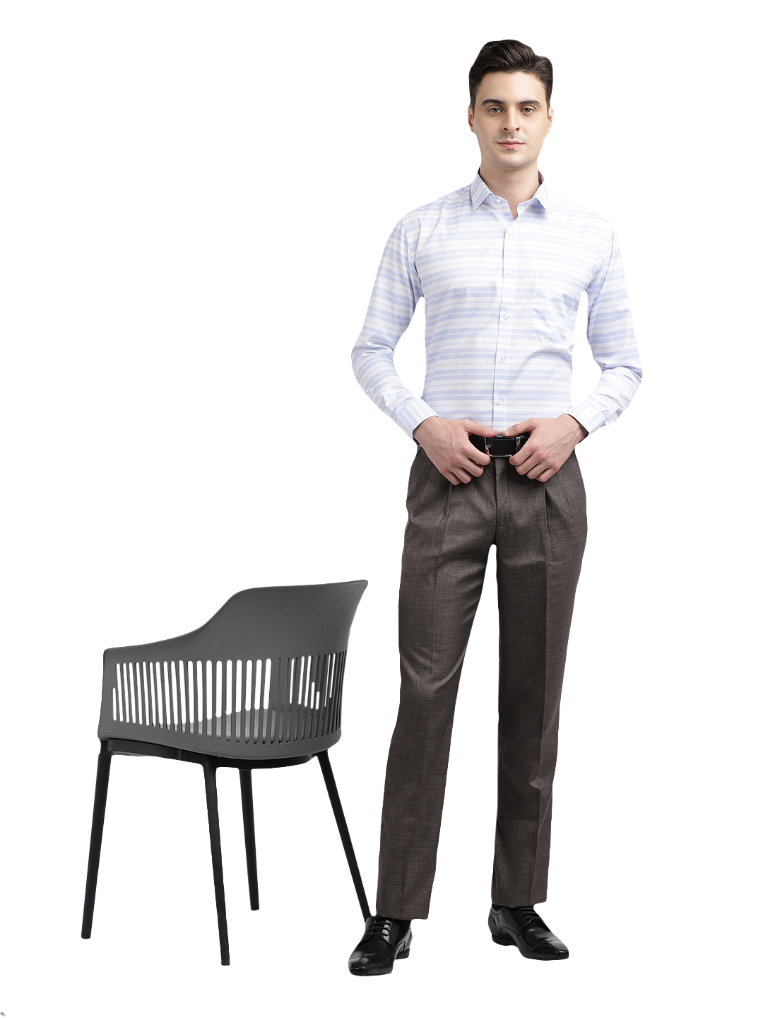 Model wearing Clarke Gable's Light Grey With White Striped Formal Shirt in a casual setting