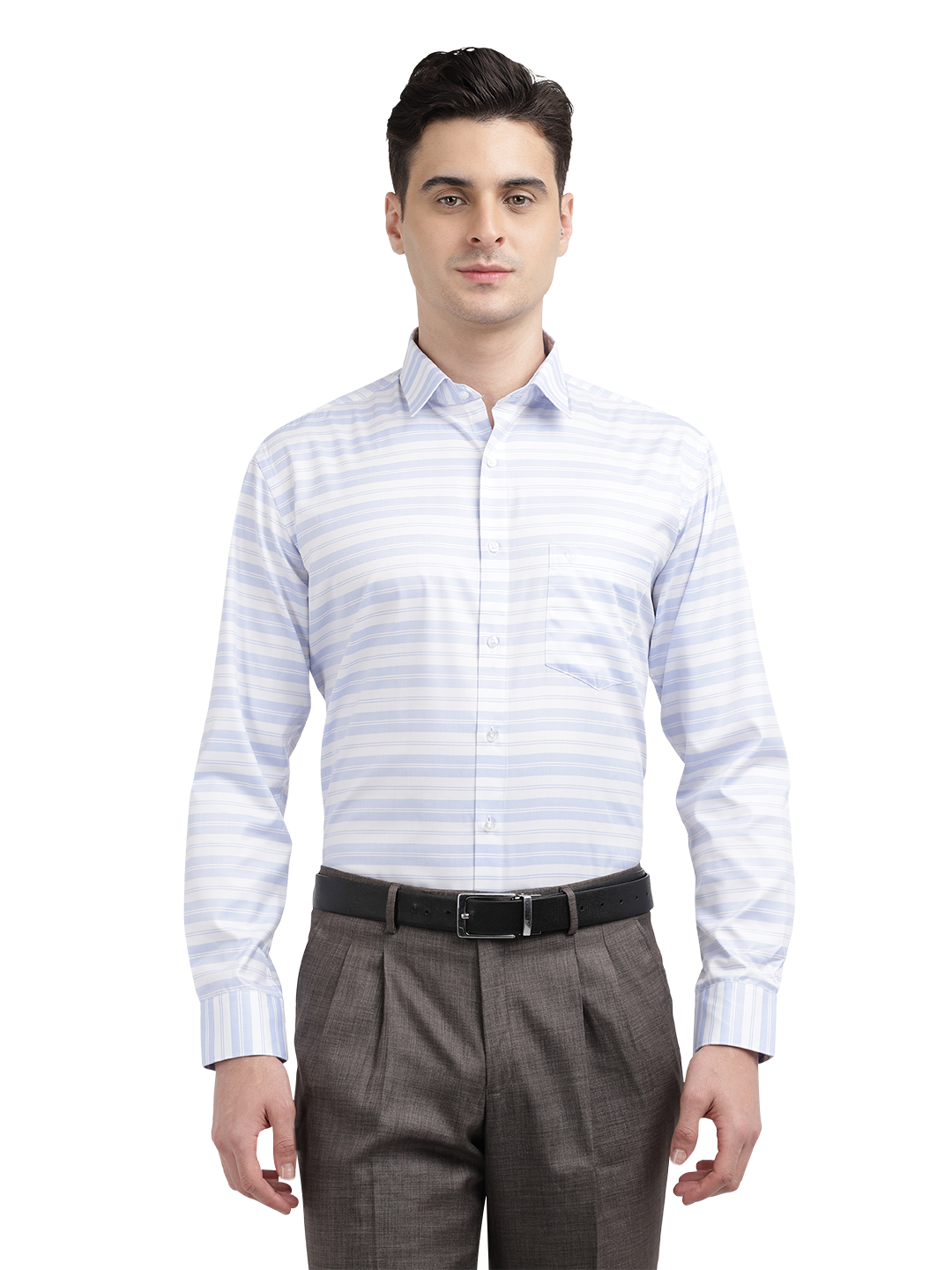 Model wearing Clarke Gable's Light Grey With White Striped Formal Shirt in a casual setting
