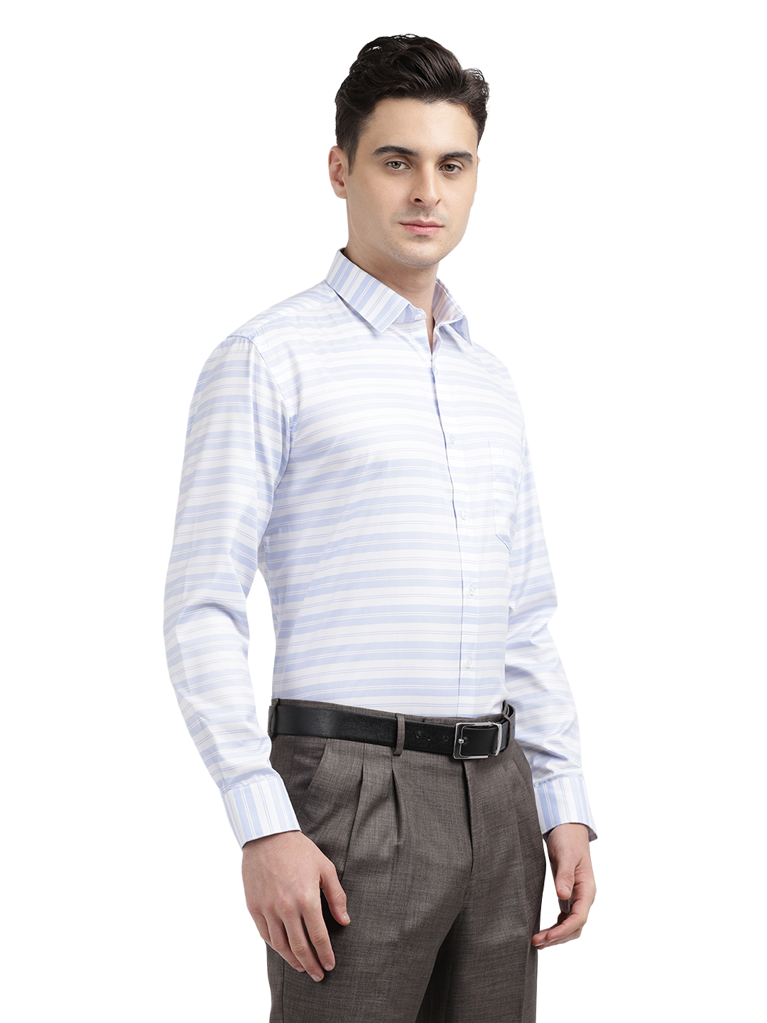 Model wearing Clarke Gable's Light Grey With White Striped Formal Shirt in a casual setting