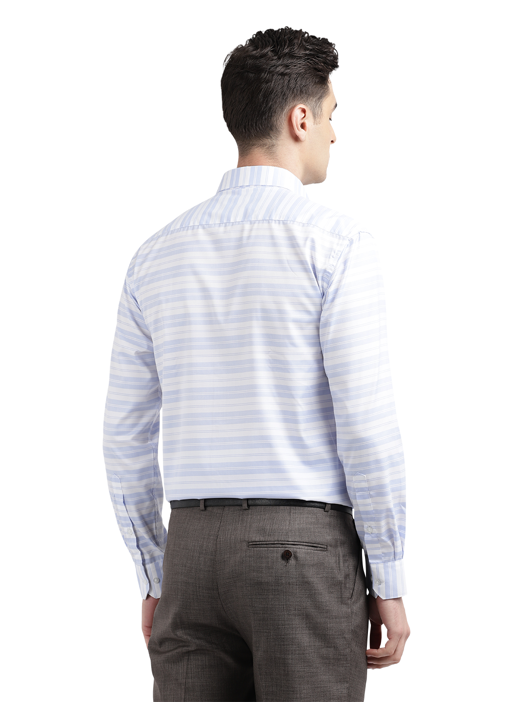 Model wearing Clarke Gable's Light Grey With White Striped Formal Shirt in a casual setting