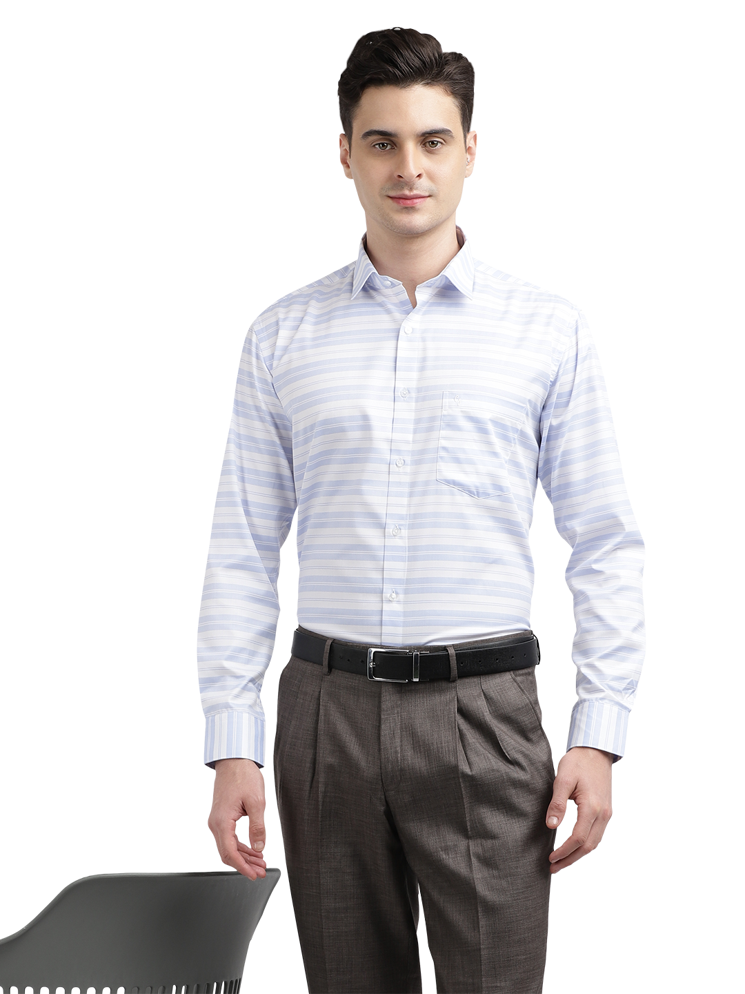 Model wearing Clarke Gable's Light Grey With White Striped Formal Shirt in a casual setting