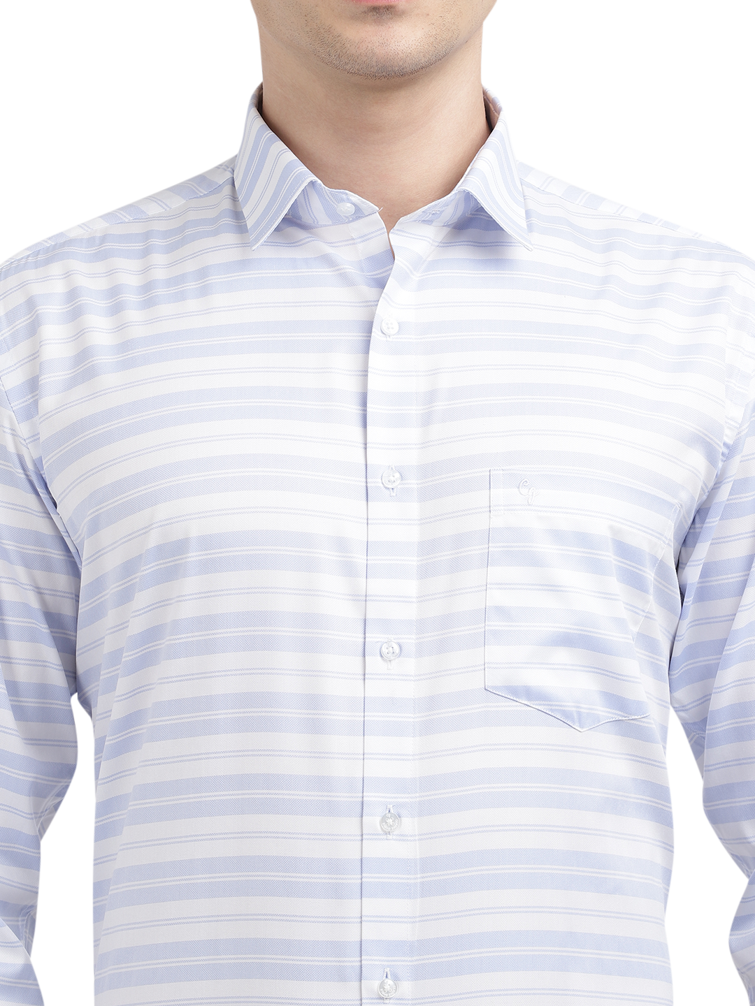 Model wearing Clarke Gable's Light Grey With White Striped Formal Shirt in a casual setting