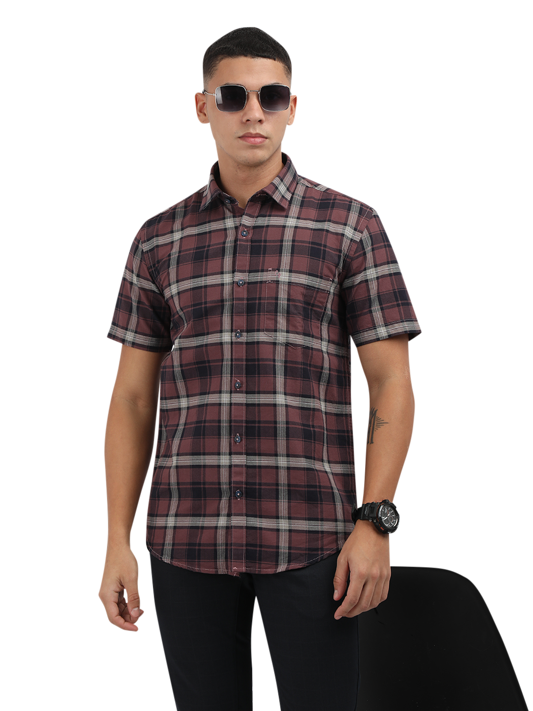 Model wearing Clarke Gable's Light Maroon Checked Semi Casual Shirt in a casual setting