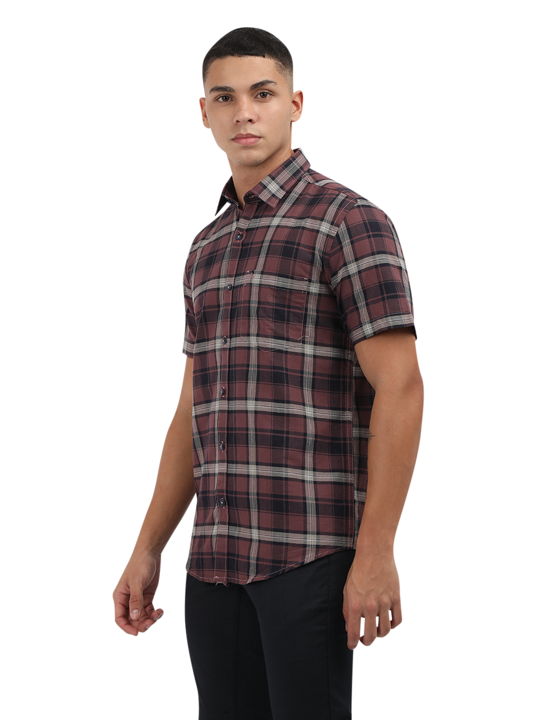 Model wearing Clarke Gable's Light Maroon Checked Semi Casual Shirt in a casual setting