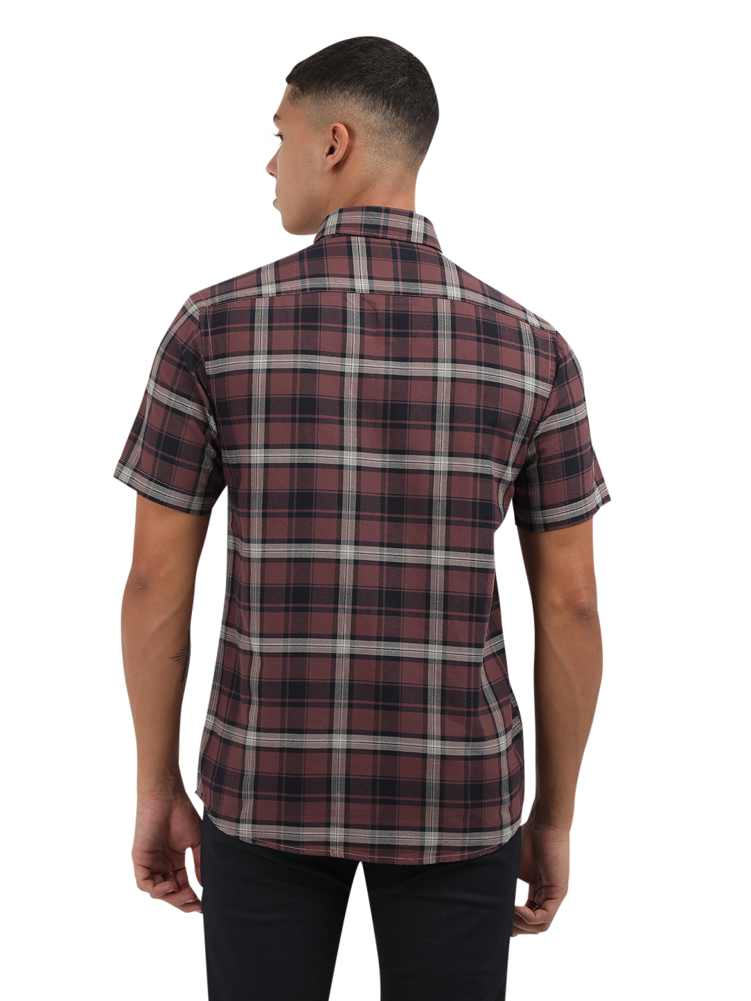 Model wearing Clarke Gable's Light Maroon Checked Semi Casual Shirt in a casual setting