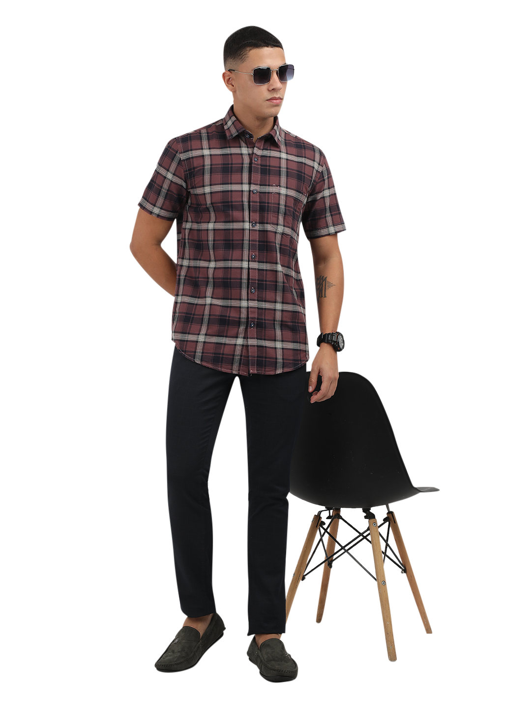 Model wearing Clarke Gable's Light Maroon Checked Semi Casual Shirt in a casual setting