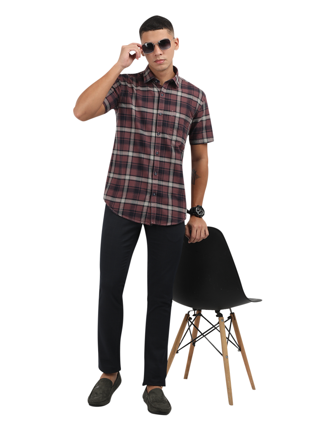 Model wearing Clarke Gable's Light Maroon Checked Semi Casual Shirt in a casual setting