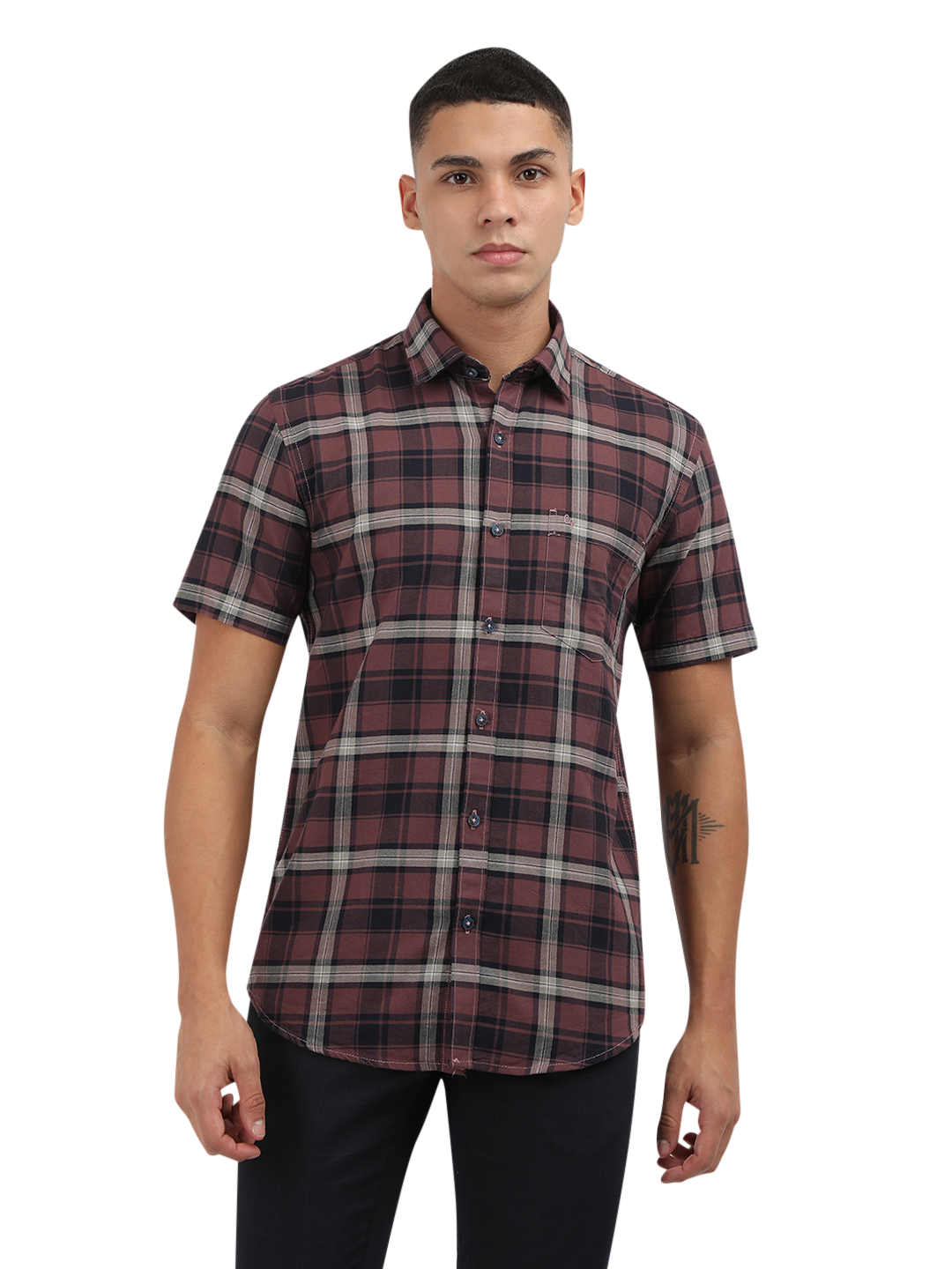 Model wearing Clarke Gable's Light Maroon Checked Semi Casual Shirt in a casual setting