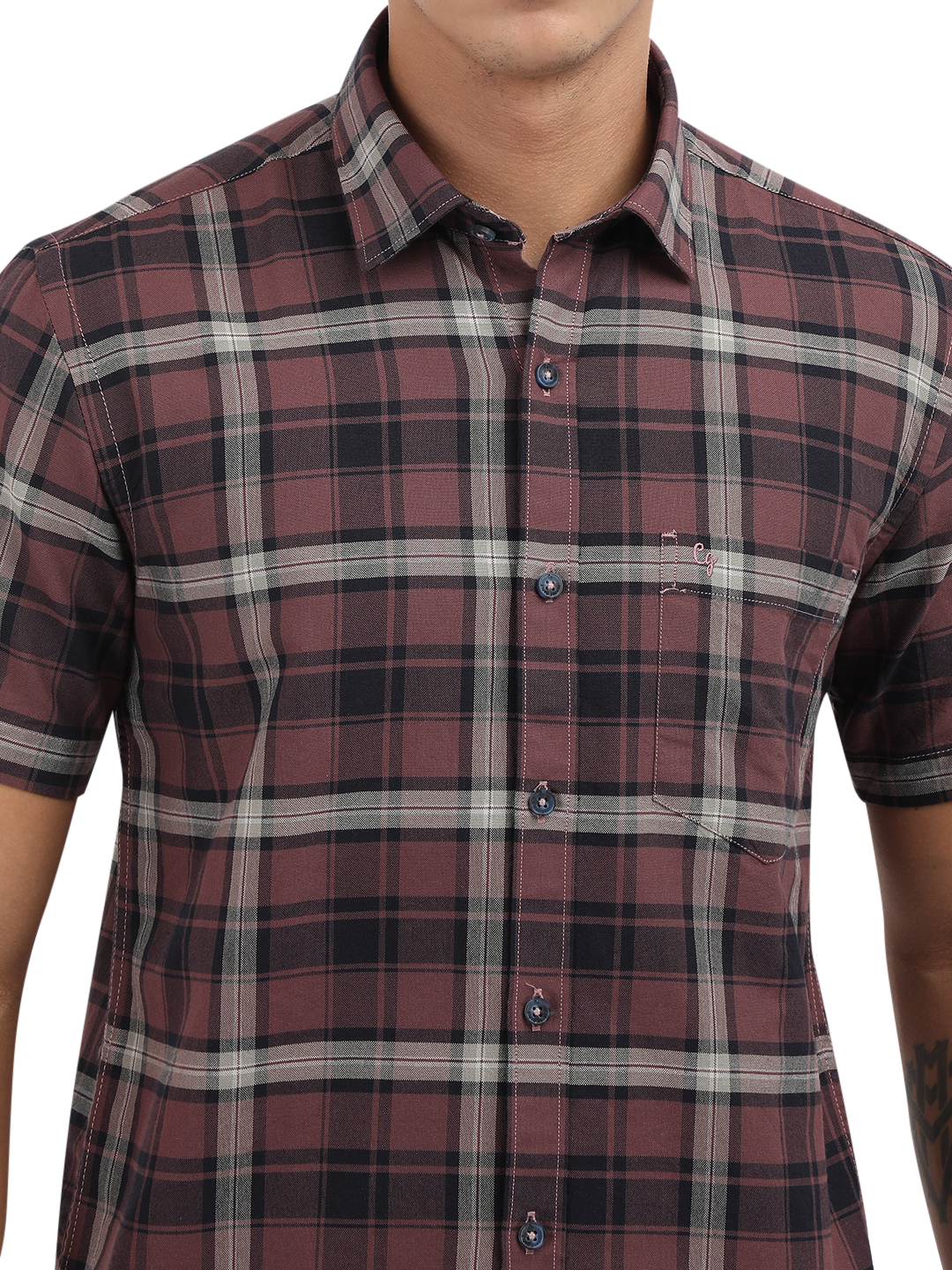 Model wearing Clarke Gable's Light Maroon Checked Semi Casual Shirt in a casual setting