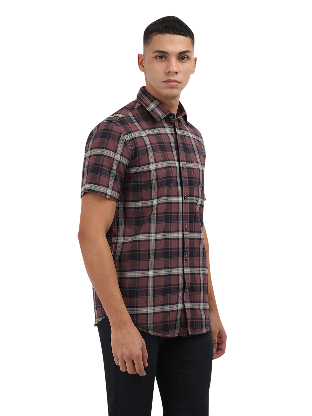 Model wearing Clarke Gable's Light Maroon Checked Semi Casual Shirt in a casual setting