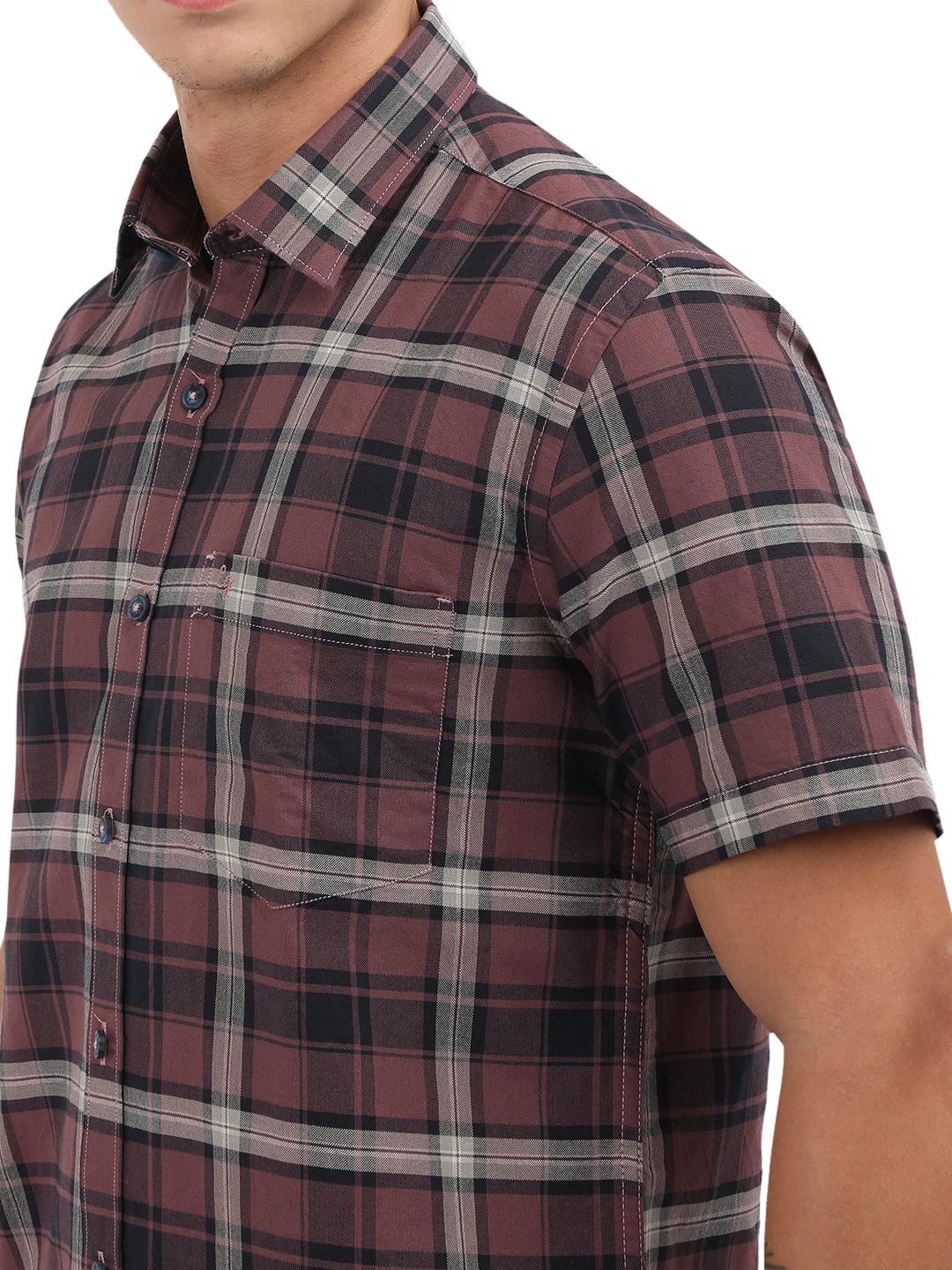 Model wearing Clarke Gable's Light Maroon Checked Semi Casual Shirt in a casual setting