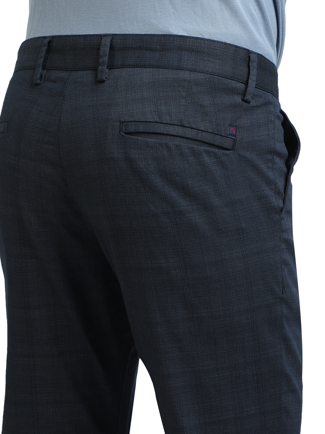 Model wearing Clarke Gable's Light Navy Custom Fit Trousers in a casual setting