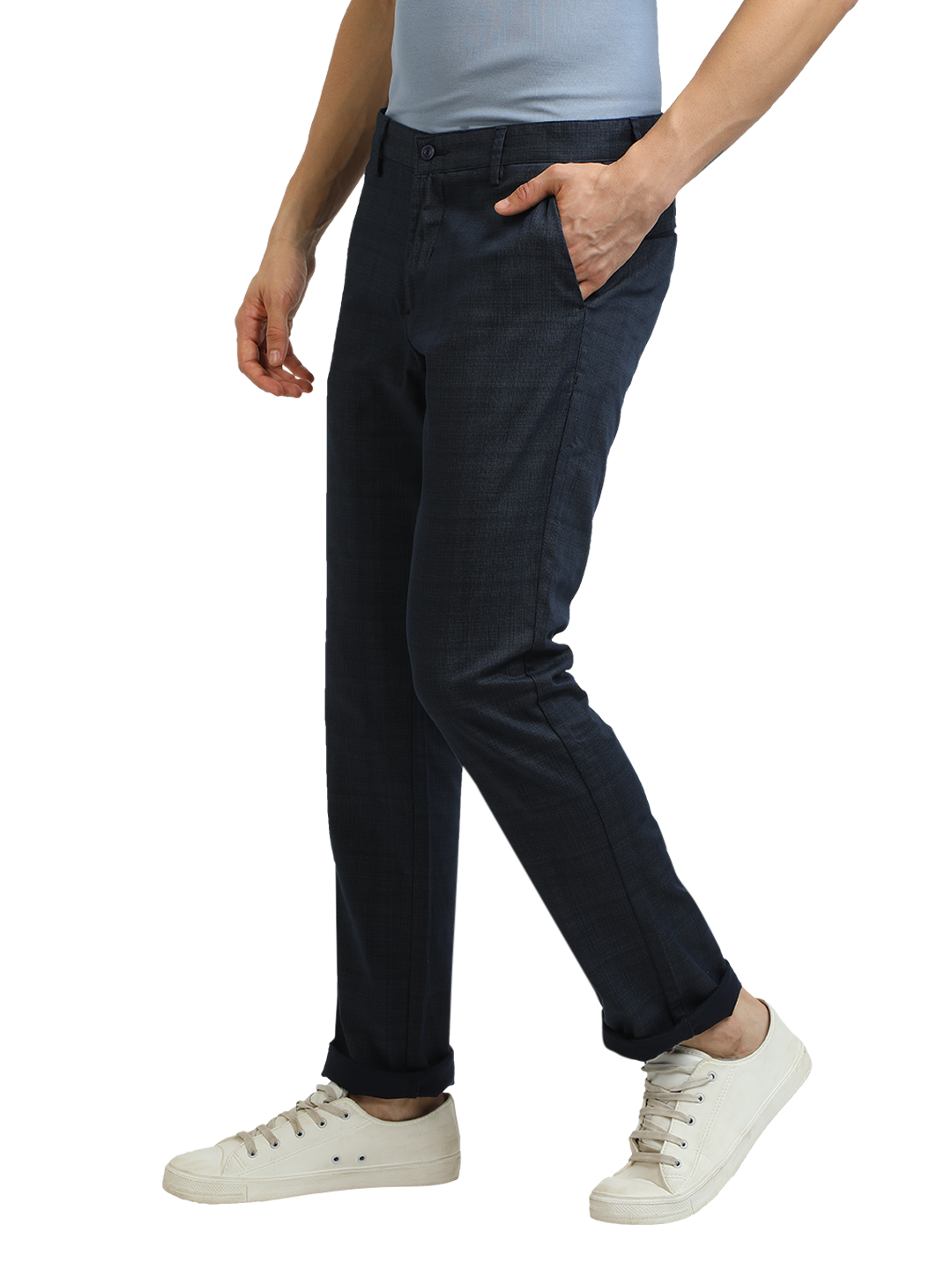 Model wearing Clarke Gable's Light Navy Custom Fit Trousers in a casual setting