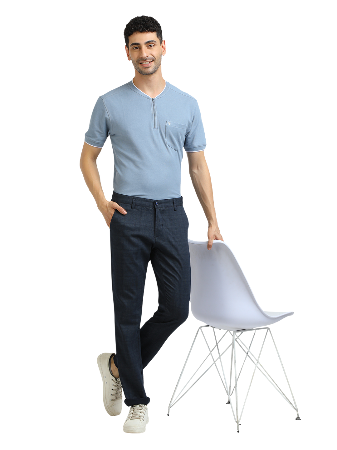 Model wearing Clarke Gable's Light Navy Custom Fit Trousers in a casual setting