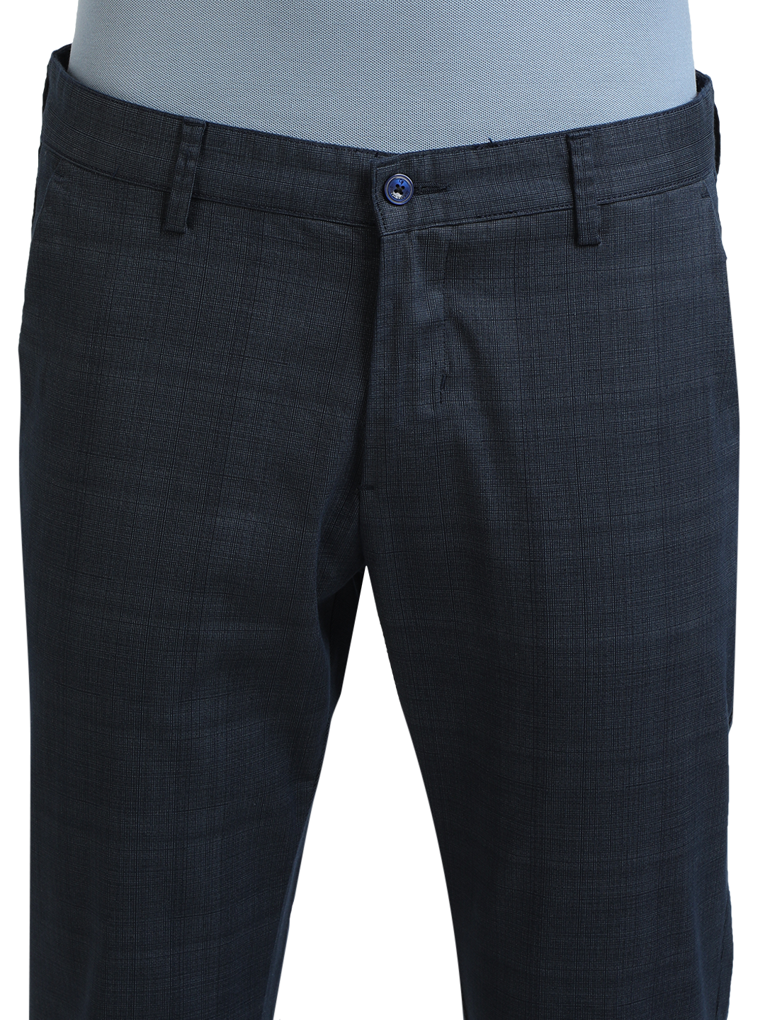 Model wearing Clarke Gable's Light Navy Custom Fit Trousers in a casual setting