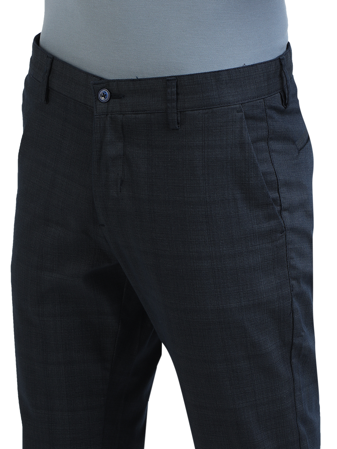 Model wearing Clarke Gable's Light Navy Custom Fit Trousers in a casual setting